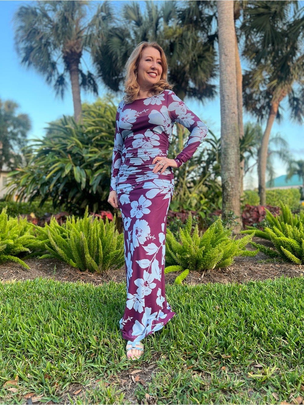 Floral Long Sleeve Maxi Dress - Burgundy with Light Blue Flowers. LIKE NEW!